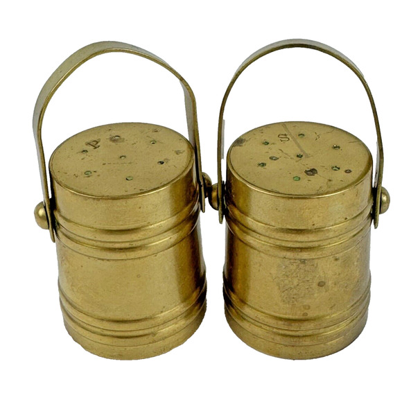 Brass Miniature Barrel Themed Salt & Pepper Shakers, 1.5" Vintage Heavy MCM - Picture 1 of 7